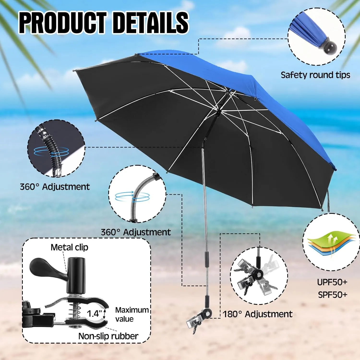 Talltalk 2 Pcs Beach Umbrella with Universal Clamp Adjustable Beach Shade UV Protection Chair Portable Outdoor Umbrella for Camping Patio Chairs Golf Carts