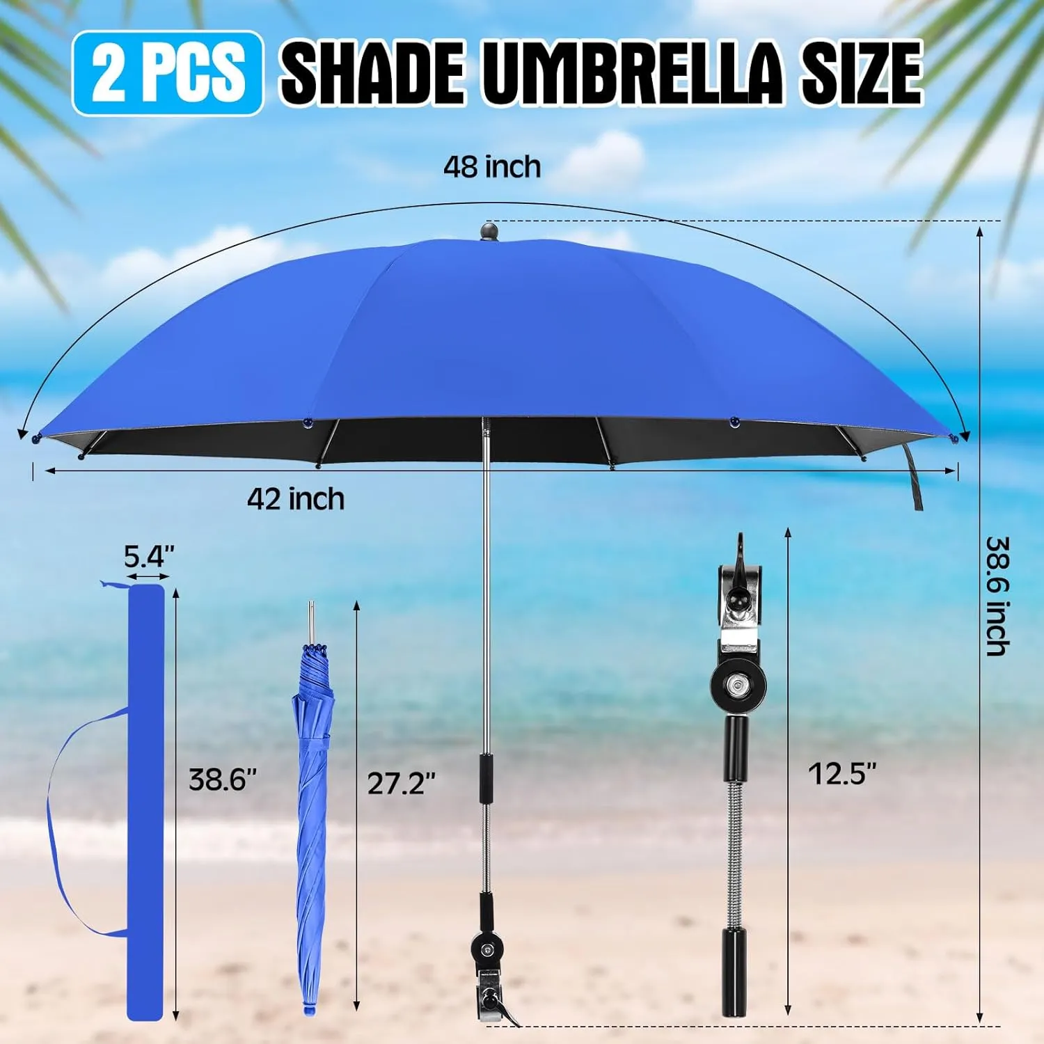 Talltalk 2 Pcs Beach Umbrella with Universal Clamp Adjustable Beach Shade UV Protection Chair Portable Outdoor Umbrella for Camping Patio Chairs Golf Carts