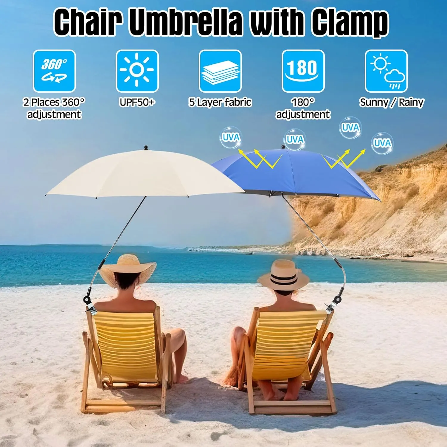 Talltalk 2 Pcs Beach Umbrella with Universal Clamp Adjustable Beach Shade UV Protection Chair Portable Outdoor Umbrella for Camping Patio Chairs Golf Carts