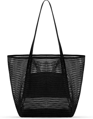 Tavaleu Mesh Beach Bag, Beach Bags for Women, Woven Straw Beach Tote Bag Waterproof with Inner Pocket, Packable Beach Bag