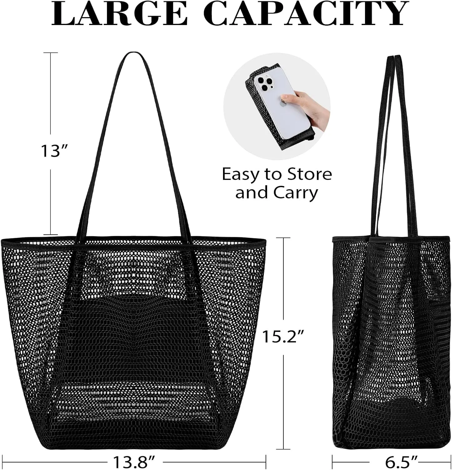 Tavaleu Mesh Beach Bag, Beach Bags for Women, Woven Straw Beach Tote Bag Waterproof with Inner Pocket, Packable Beach Bag