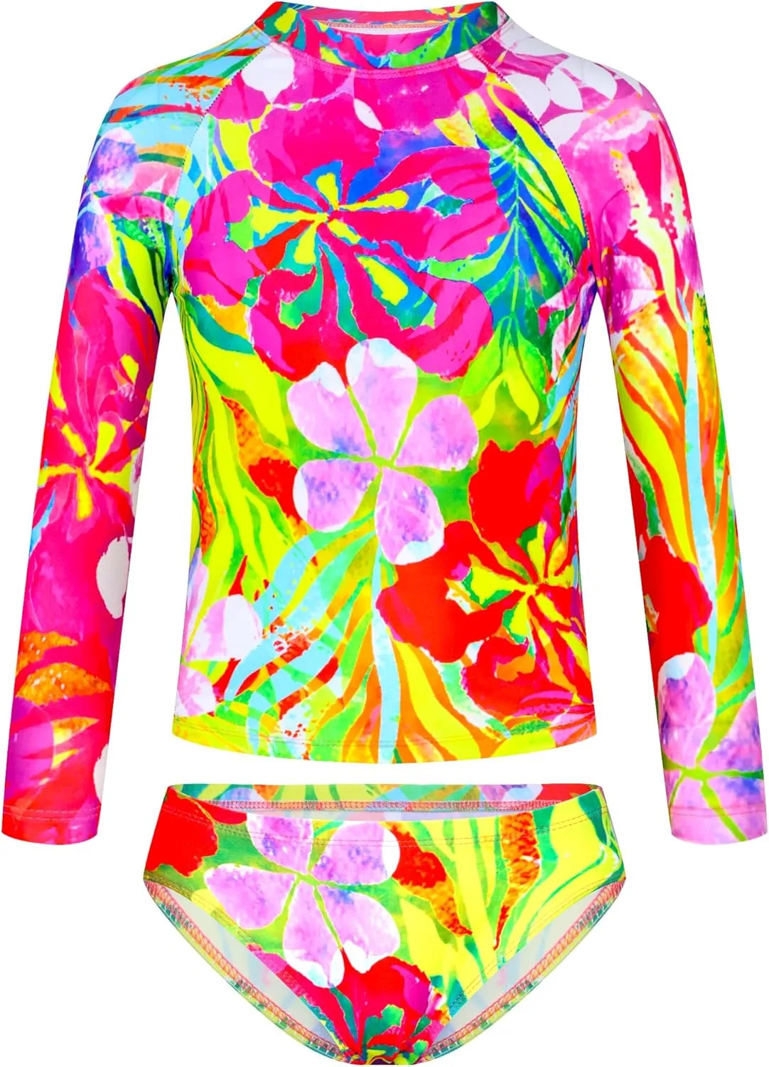 TENVDA Girls Swimsuit Long Sleeve Rash Guard Sets UPF 50  Two Piece Bathing Suits Size 3-12 Years