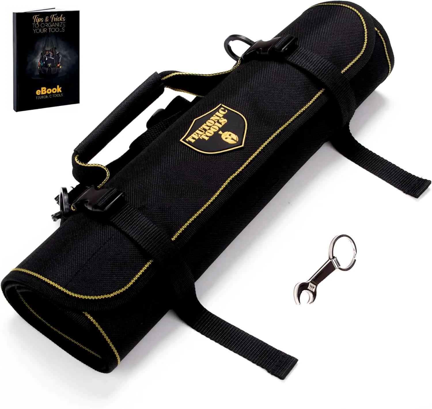 Teutonic Roll Up Tool Bag, 25 Pockets Pouch Waterproof Organizer Kit for Wrenches; Perfect Set for Mechanics, Electricians, Handymans;Keychain   eBook