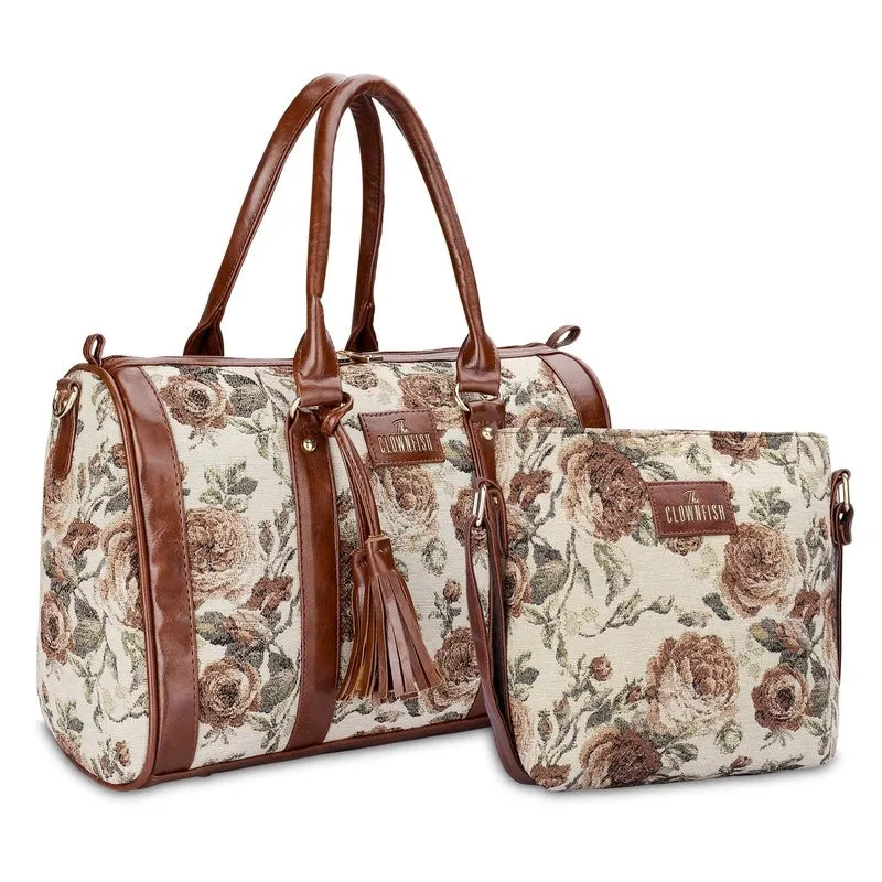 THE CLOWNFISH Combo of Linda Series Sling for Women Crossbody Bag for College Girls Lorna Tapestry Fabric & Faux Leather Handbag Sling Bag for Women (Brown-Floral)