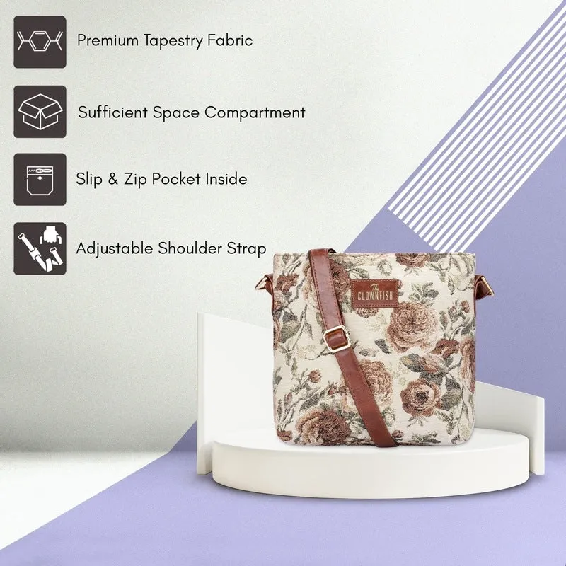 THE CLOWNFISH Combo of Linda Series Sling for Women Crossbody Bag for College Girls Lorna Tapestry Fabric & Faux Leather Handbag Sling Bag for Women (Brown-Floral)
