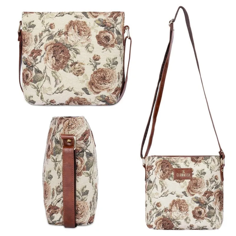 THE CLOWNFISH Combo of Linda Series Sling for Women Crossbody Bag for College Girls Lorna Tapestry Fabric & Faux Leather Handbag Sling Bag for Women (Brown-Floral)