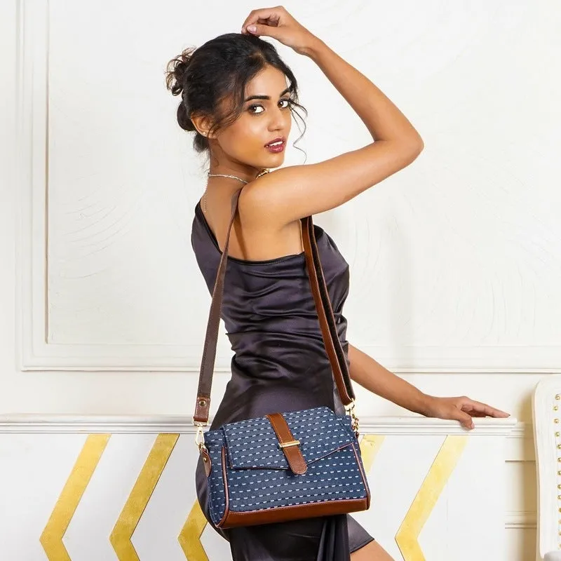 THE CLOWNFISH Odelina Series Printed Handicraft Fabric Handbag for Women Sling Bag Office Bag Ladies Shoulder Bag with Snap Flap Closure & Shoulder Belt Tote For Women (Dark Blue)