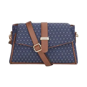 THE CLOWNFISH Odelina Series Printed Handicraft Fabric Handbag for Women Sling Bag Office Bag Ladies Shoulder Bag with Snap Flap Closure & Shoulder Belt Tote For Women (Dark Blue)