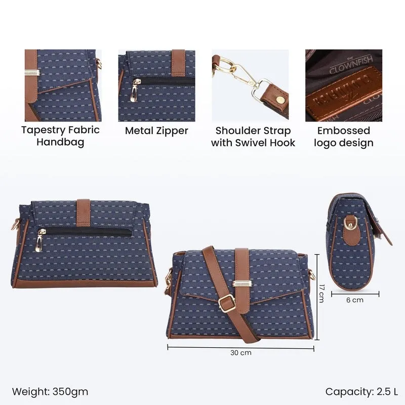 THE CLOWNFISH Odelina Series Printed Handicraft Fabric Handbag for Women Sling Bag Office Bag Ladies Shoulder Bag with Snap Flap Closure & Shoulder Belt Tote For Women (Dark Blue)