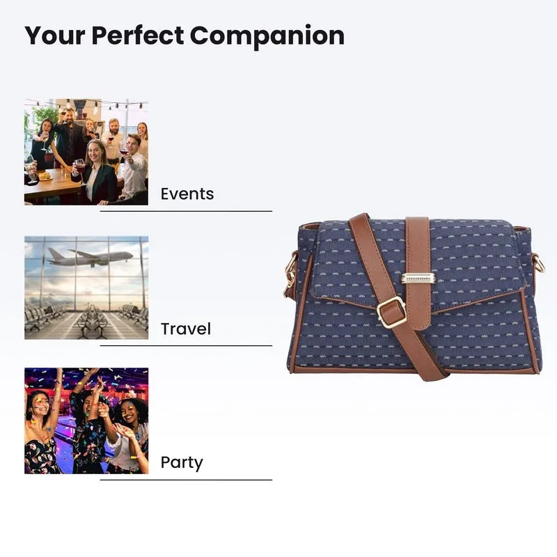 THE CLOWNFISH Odelina Series Printed Handicraft Fabric Handbag for Women Sling Bag Office Bag Ladies Shoulder Bag with Snap Flap Closure & Shoulder Belt Tote For Women (Dark Blue)