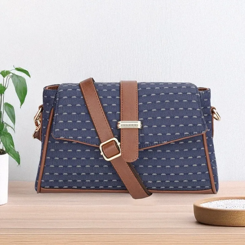 THE CLOWNFISH Odelina Series Printed Handicraft Fabric Handbag for Women Sling Bag Office Bag Ladies Shoulder Bag with Snap Flap Closure & Shoulder Belt Tote For Women (Dark Blue)