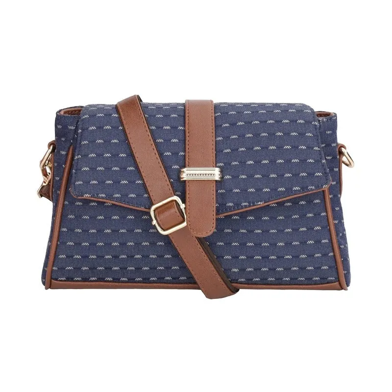 THE CLOWNFISH Odelina Series Printed Handicraft Fabric Handbag for Women Sling Bag Office Bag Ladies Shoulder Bag with Snap Flap Closure & Shoulder Belt Tote For Women (Dark Blue)