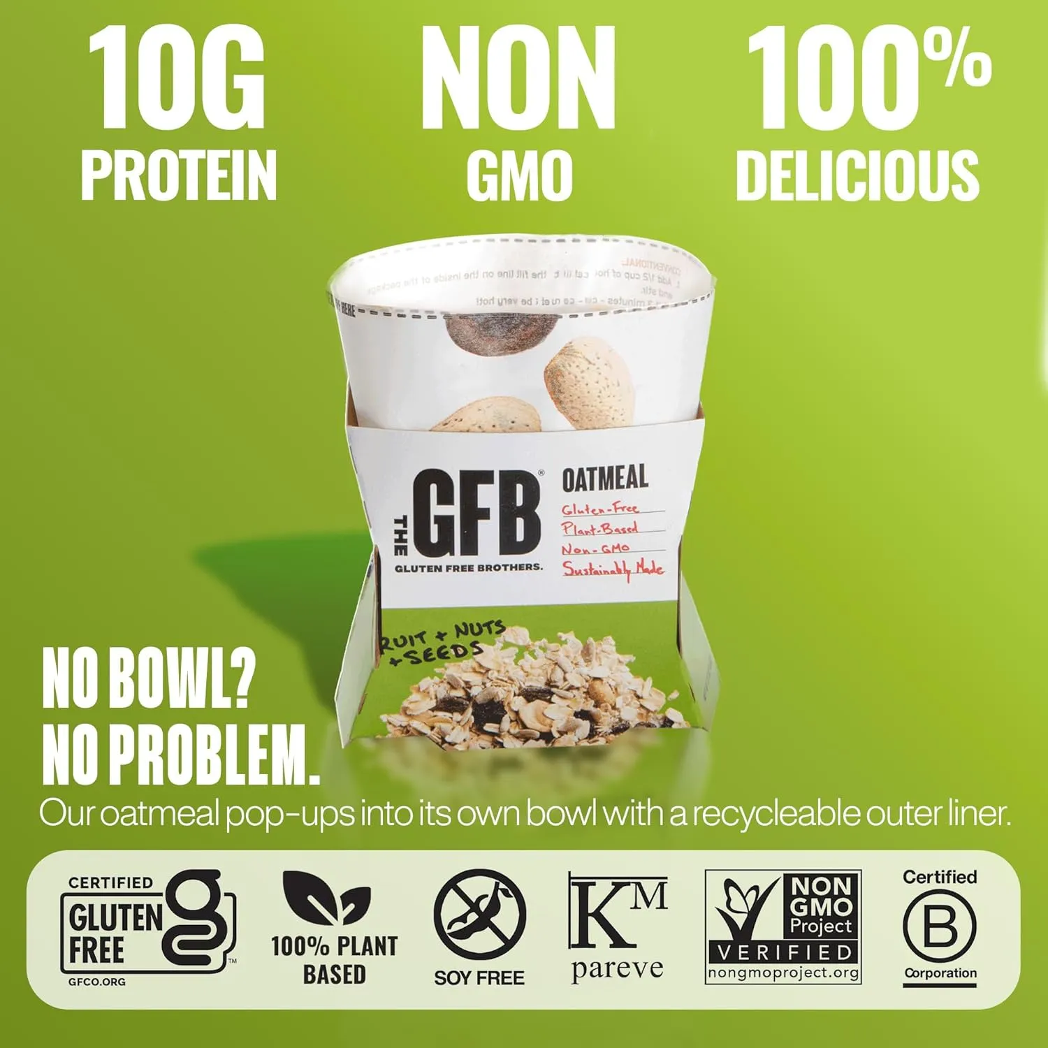 The GFB Fruit, Nuts and Seeds Protein Oatmeal Cups - Unique Pop-Up Bowl - Gluten Free, Plant Based, Non GMO, Sustainably Made - Ridiculously Tasty, Healthy, Vegan Protein Instant Oatmeal, 2 oz (6 Count)