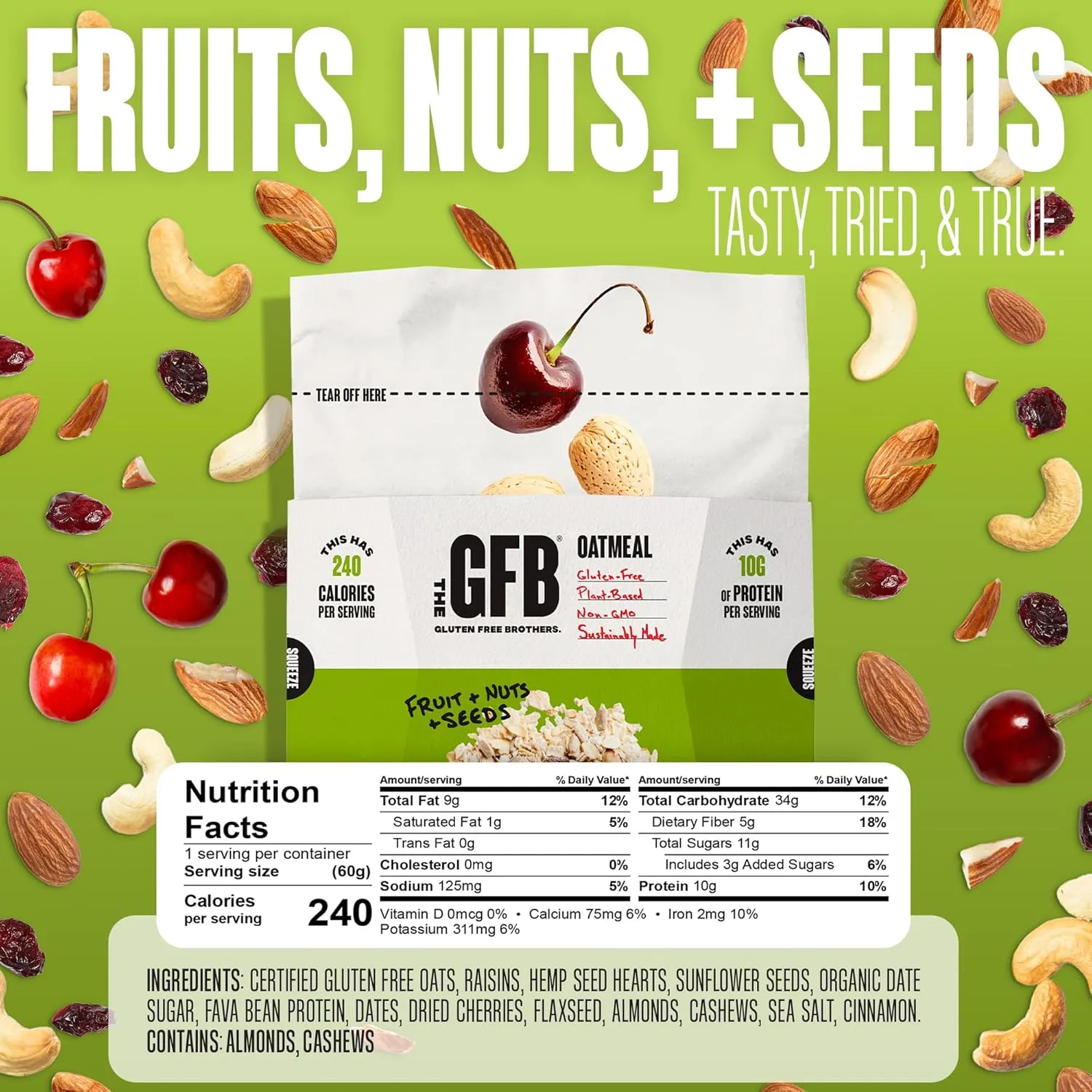The GFB Fruit, Nuts and Seeds Protein Oatmeal Cups - Unique Pop-Up Bowl - Gluten Free, Plant Based, Non GMO, Sustainably Made - Ridiculously Tasty, Healthy, Vegan Protein Instant Oatmeal, 2 oz (6 Count)