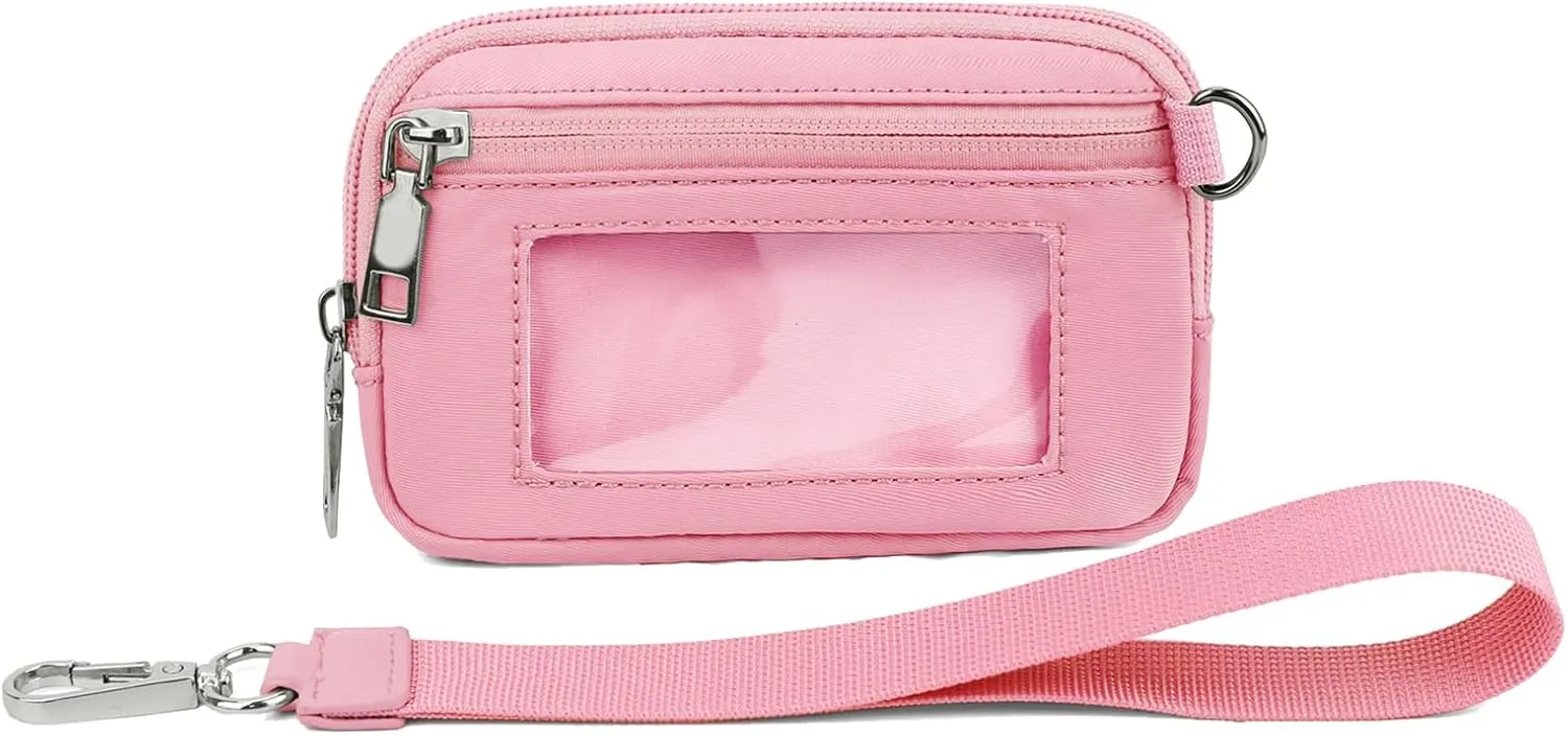 The Iris' Wallet, Women's Wristlet Handbags, Waterproof Nylon Keychain Wallet, Zip Card Case with ID Window (Pink)