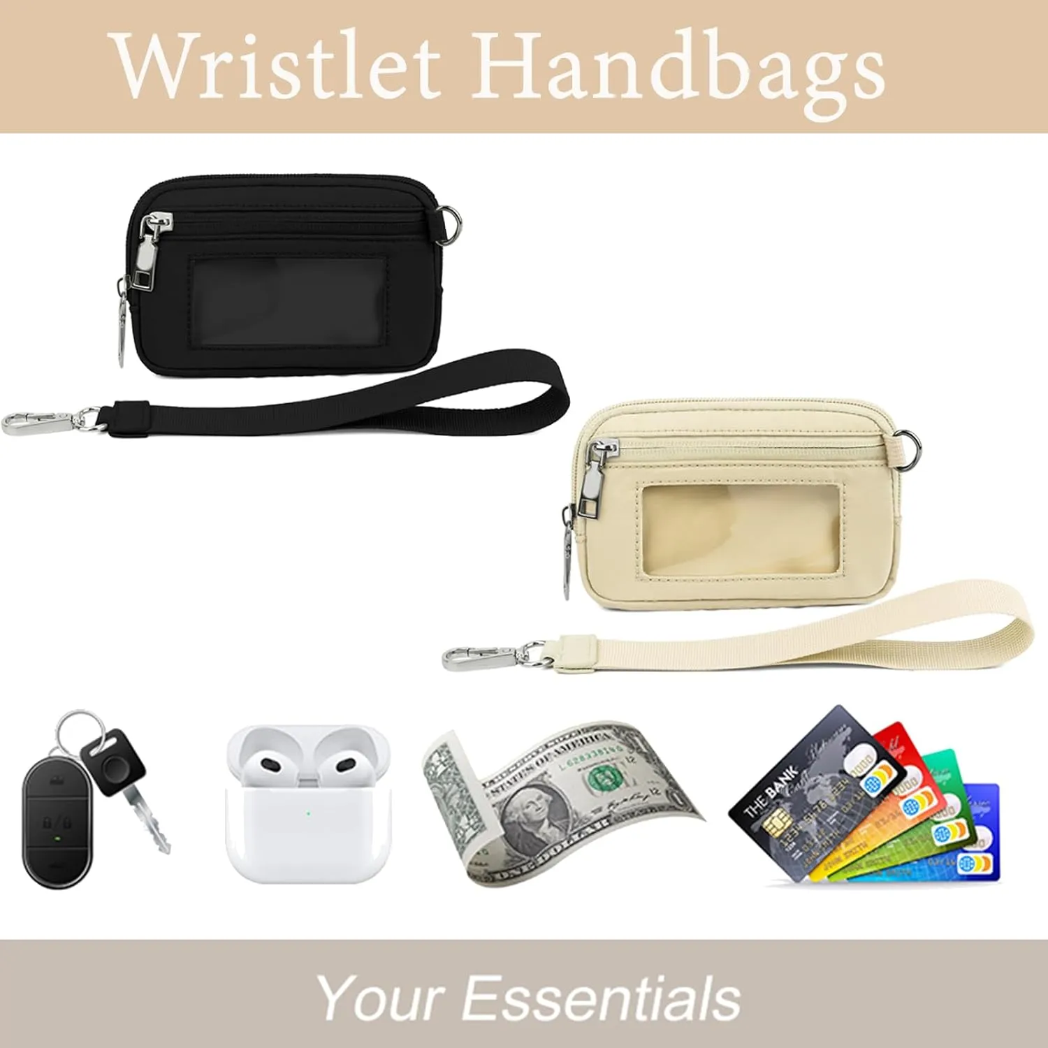 The Iris' Wallet, Women's Wristlet Handbags, Waterproof Nylon Keychain Wallet, Zip Card Case with ID Window (Pink)