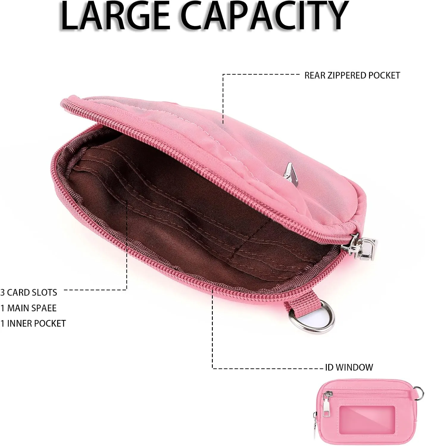 The Iris' Wallet, Women's Wristlet Handbags, Waterproof Nylon Keychain Wallet, Zip Card Case with ID Window (Pink)
