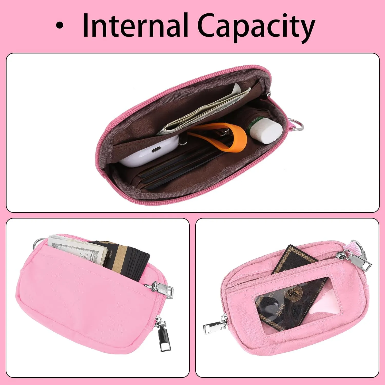 The Iris' Wallet, Women's Wristlet Handbags, Waterproof Nylon Keychain Wallet, Zip Card Case with ID Window (Pink)