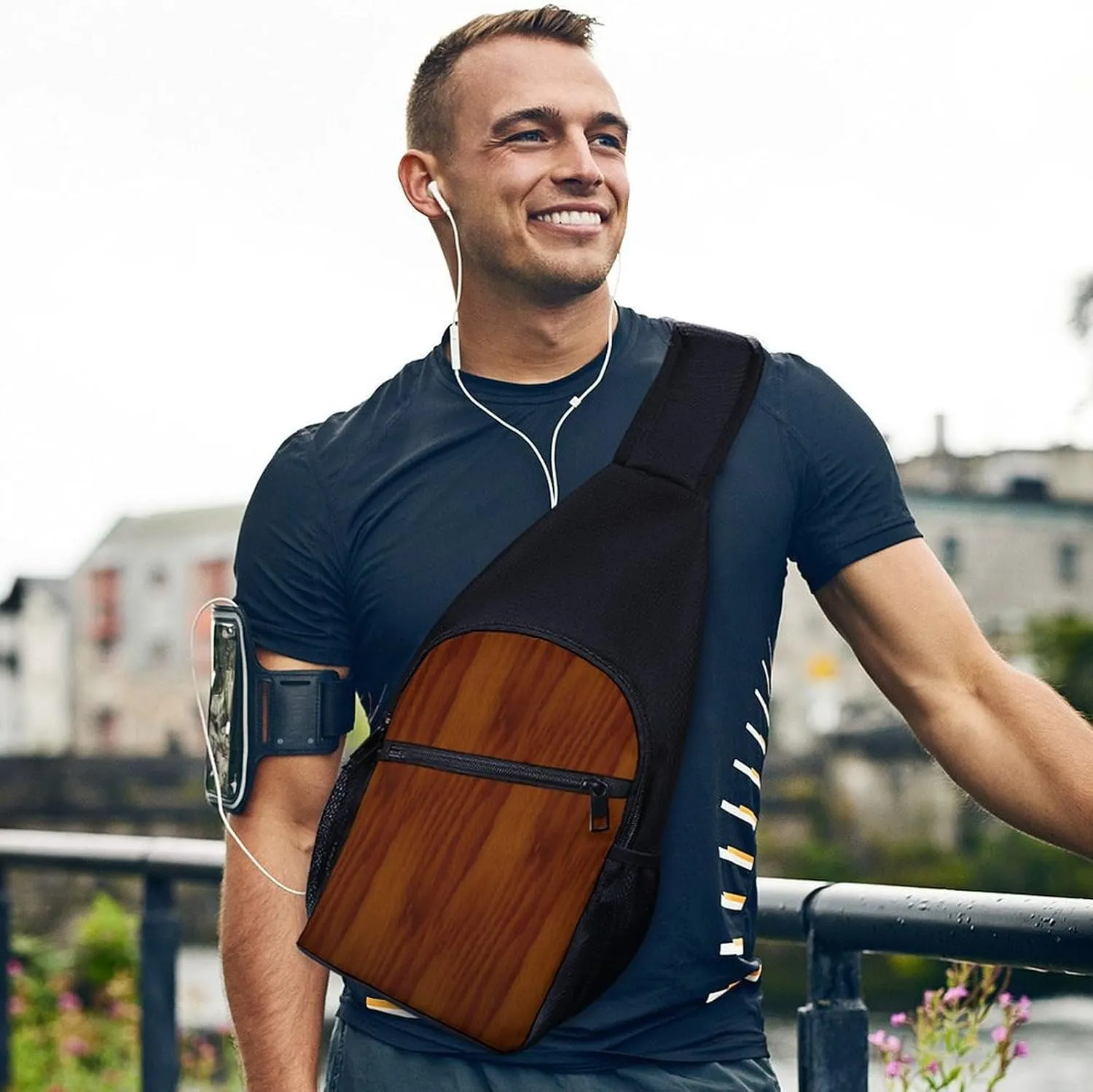 The Look of Warm Oak Wood Grain Texture Portable Chest Bag, Large Capacity Single Shoulder Chest Bag