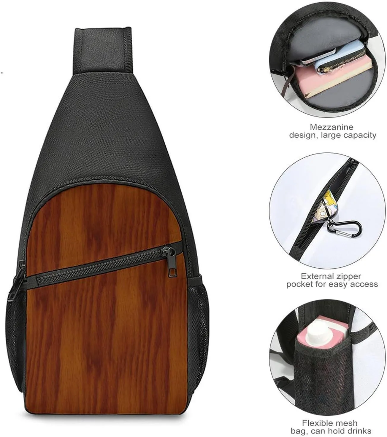 The Look of Warm Oak Wood Grain Texture Portable Chest Bag, Large Capacity Single Shoulder Chest Bag