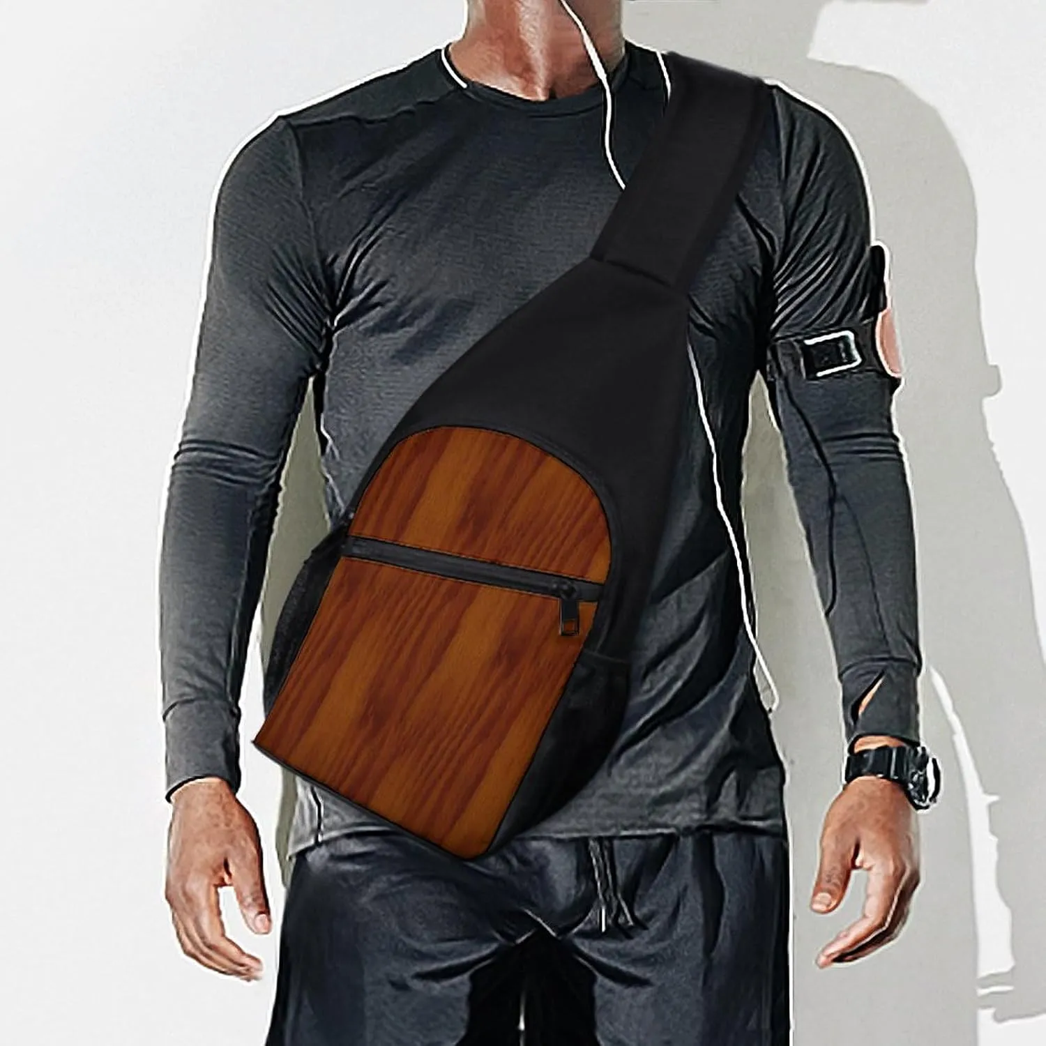 The Look of Warm Oak Wood Grain Texture Portable Chest Bag, Large Capacity Single Shoulder Chest Bag
