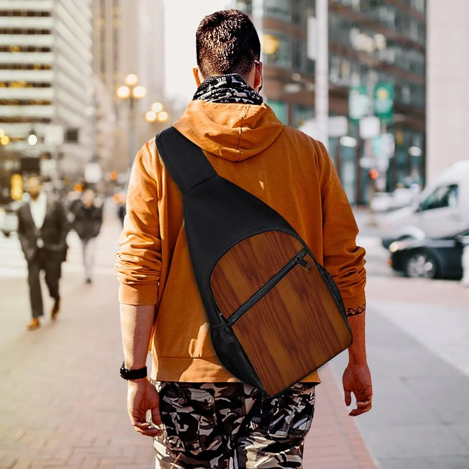 The Look of Warm Oak Wood Grain Texture Portable Chest Bag, Large Capacity Single Shoulder Chest Bag
