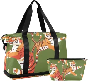 Tiger in Green Versatile Sports Travel Bag - Lasting Twill Tote, Removable Wheel & Rod Bagging, Multi-pocket Design, Complimentary Makeup Bag