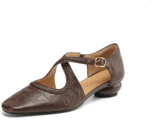 TinaCus Women's Round Toe Cross Straps Buckle Genuine Leather Handmade Low Heels Trendy Pumps Shoes