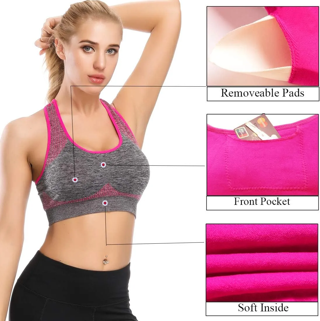 TOBWIZU Sports Bras for Women, Medium Support Yoga Gym Activewear Bras with Pocket