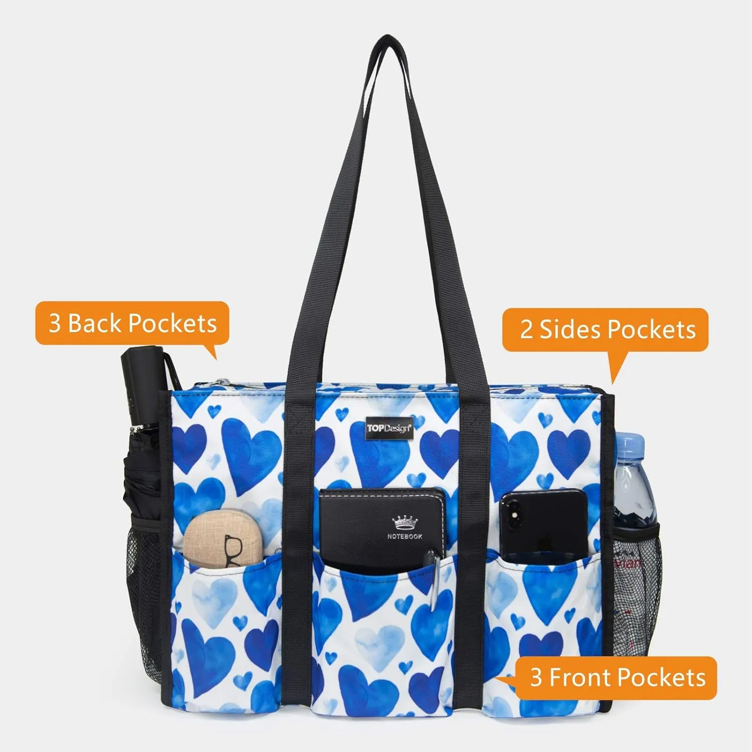 TOPDesign Utility Water Resistant Tote Bag with 13 Pockets, Top Zipper Closure & Thick Bottom Support, for Working Women