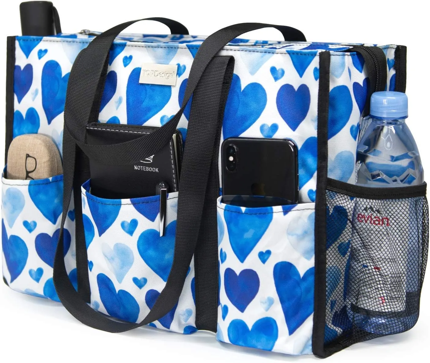 TOPDesign Utility Water Resistant Tote Bag with 13 Pockets, Top Zipper Closure & Thick Bottom Support, for Working Women