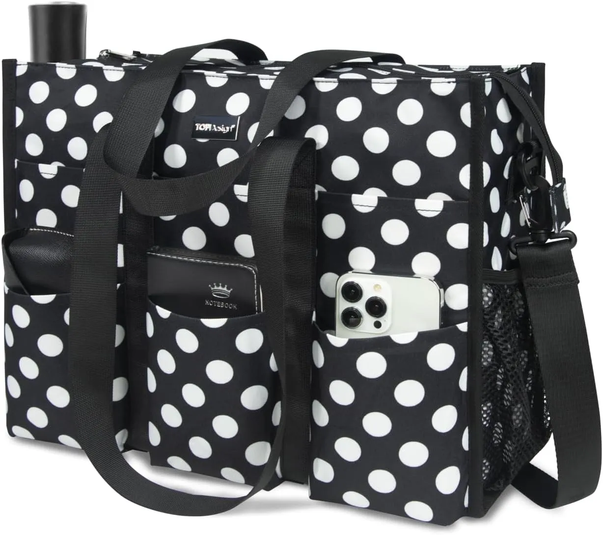 TOPDesign Utility Water Resistant Tote Bag with 22 Pockets, Top Zipper Closure & Thick Bottom Support, for Working Women