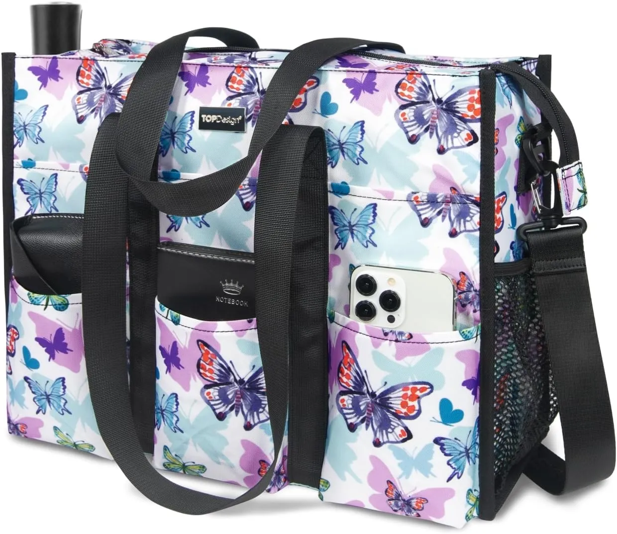 TOPDesign Utility Water Resistant Tote Bag with 22 Pockets, Top Zipper Closure & Thick Bottom Support, for Working Women