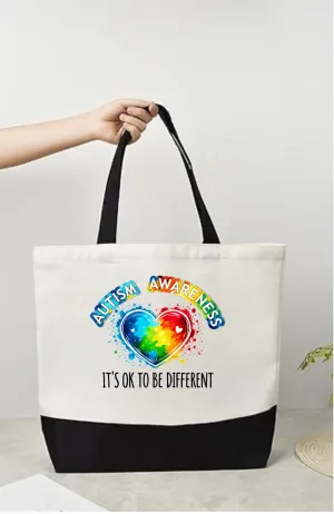 Tote Bag-Cause-Autism Awareness Heart It's Ok To Be Different