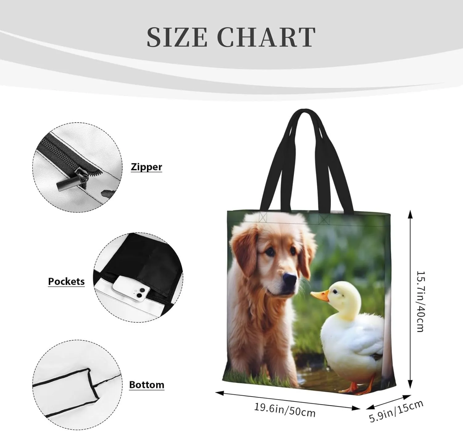 Tote Bag for Women dog and a duck Shoulder Bag with Zipper Handbag Large Capacity Reusable Grocery Bag