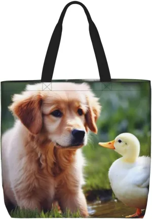 Tote Bag for Women dog and a duck Shoulder Bag with Zipper Handbag Large Capacity Reusable Grocery Bag