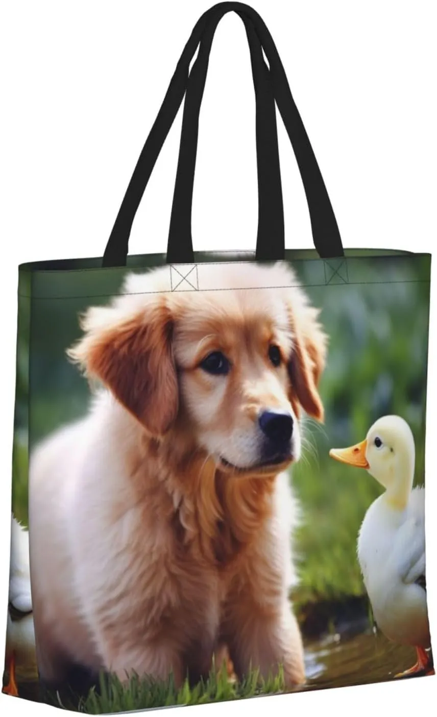 Tote Bag for Women dog and a duck Shoulder Bag with Zipper Handbag Large Capacity Reusable Grocery Bag