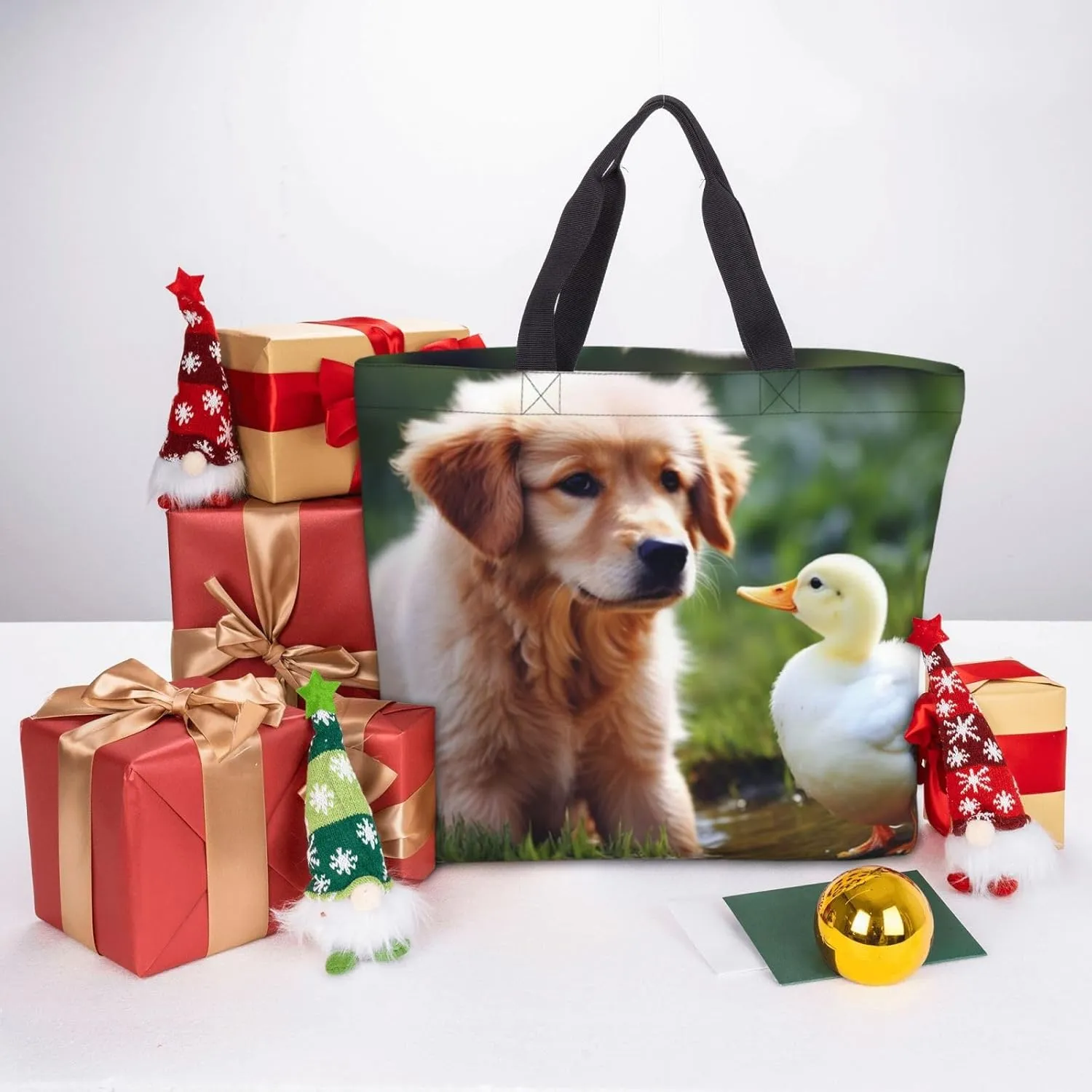Tote Bag for Women dog and a duck Shoulder Bag with Zipper Handbag Large Capacity Reusable Grocery Bag
