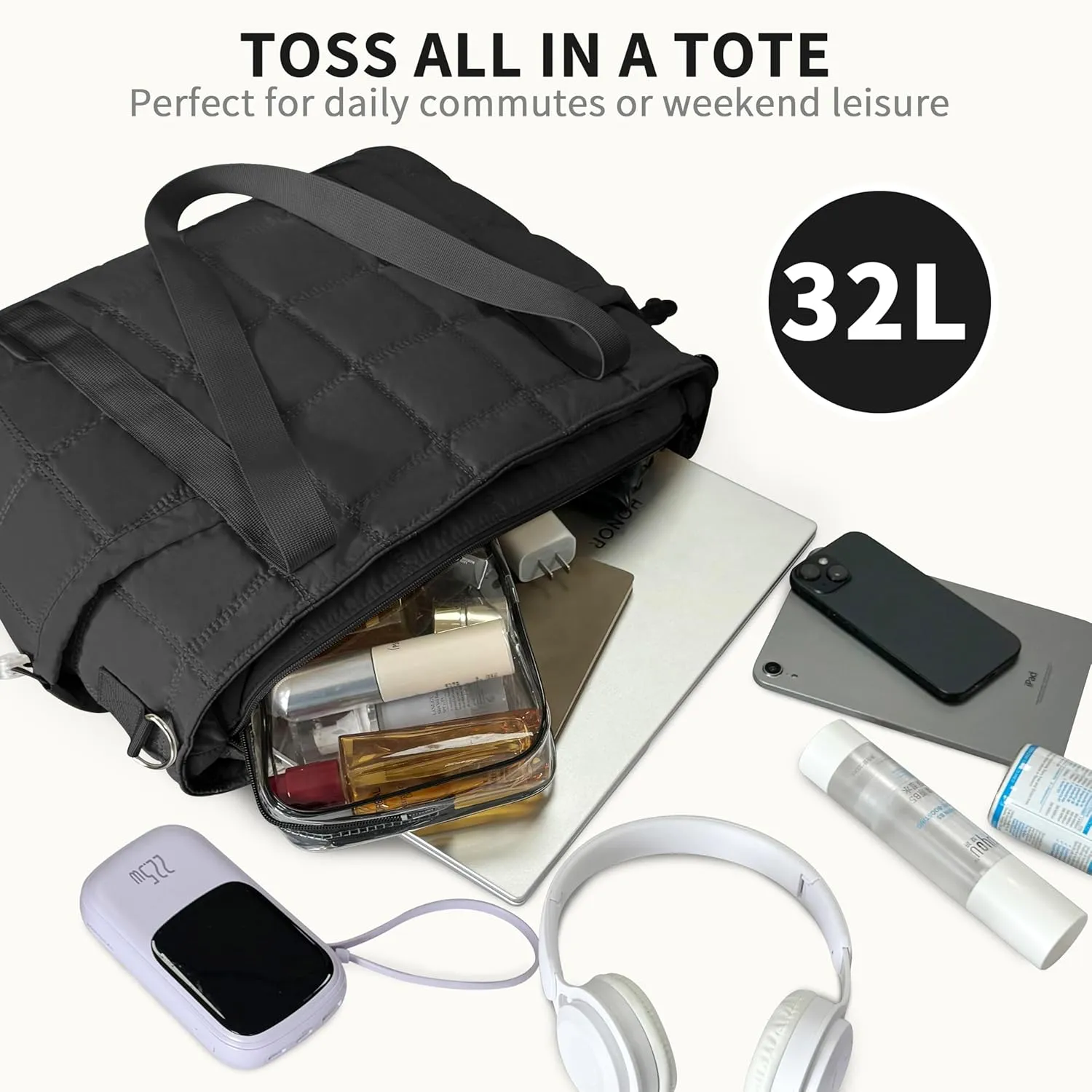 Tote Bag for Women, Puffy Bag with Zipper, Quilted Shoulder Bag with Compartments for Travel and Gym