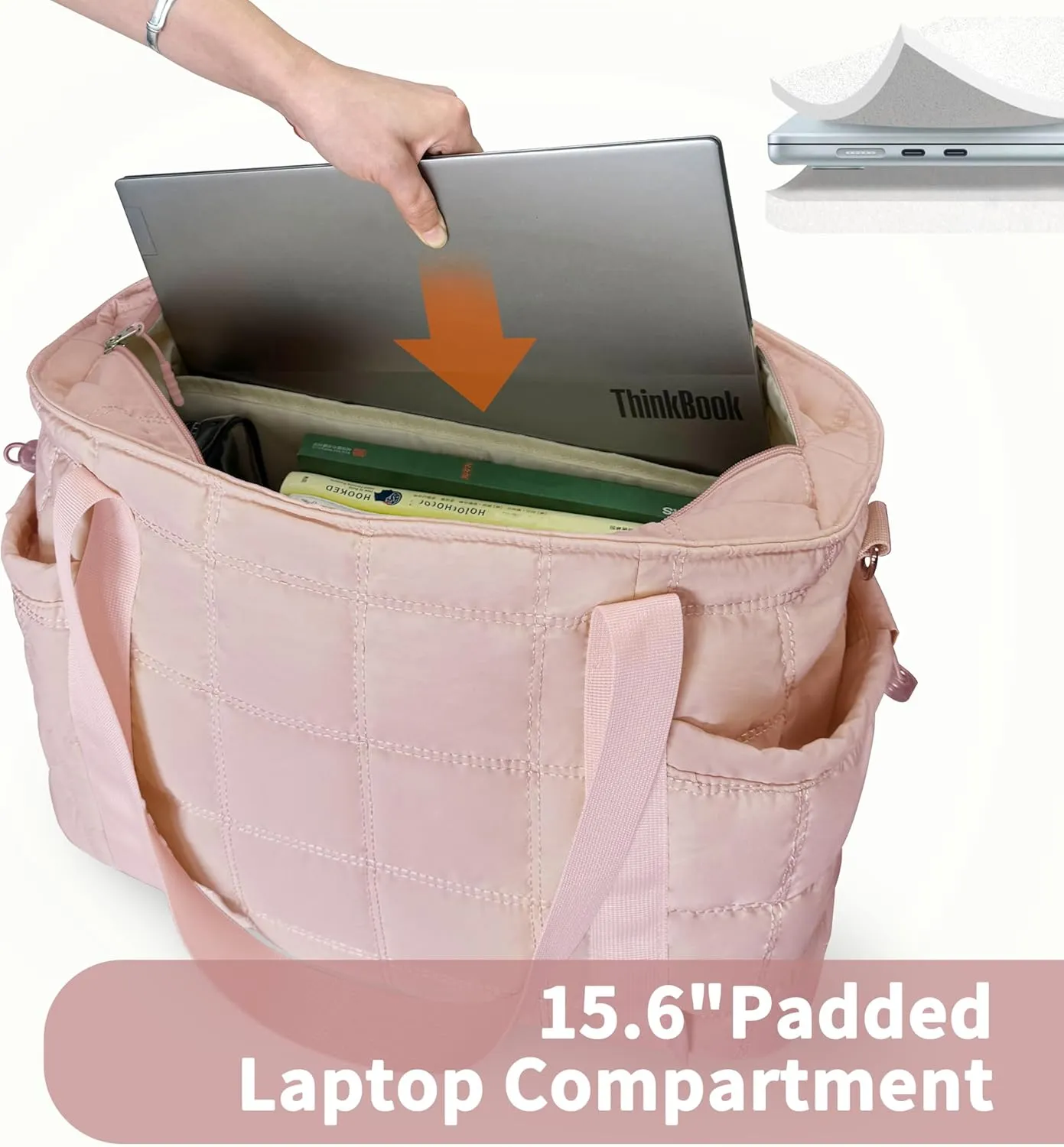Tote Bag for Women, Puffy Bag with Zipper, Quilted Shoulder Bag with Compartments for Travel and Gym