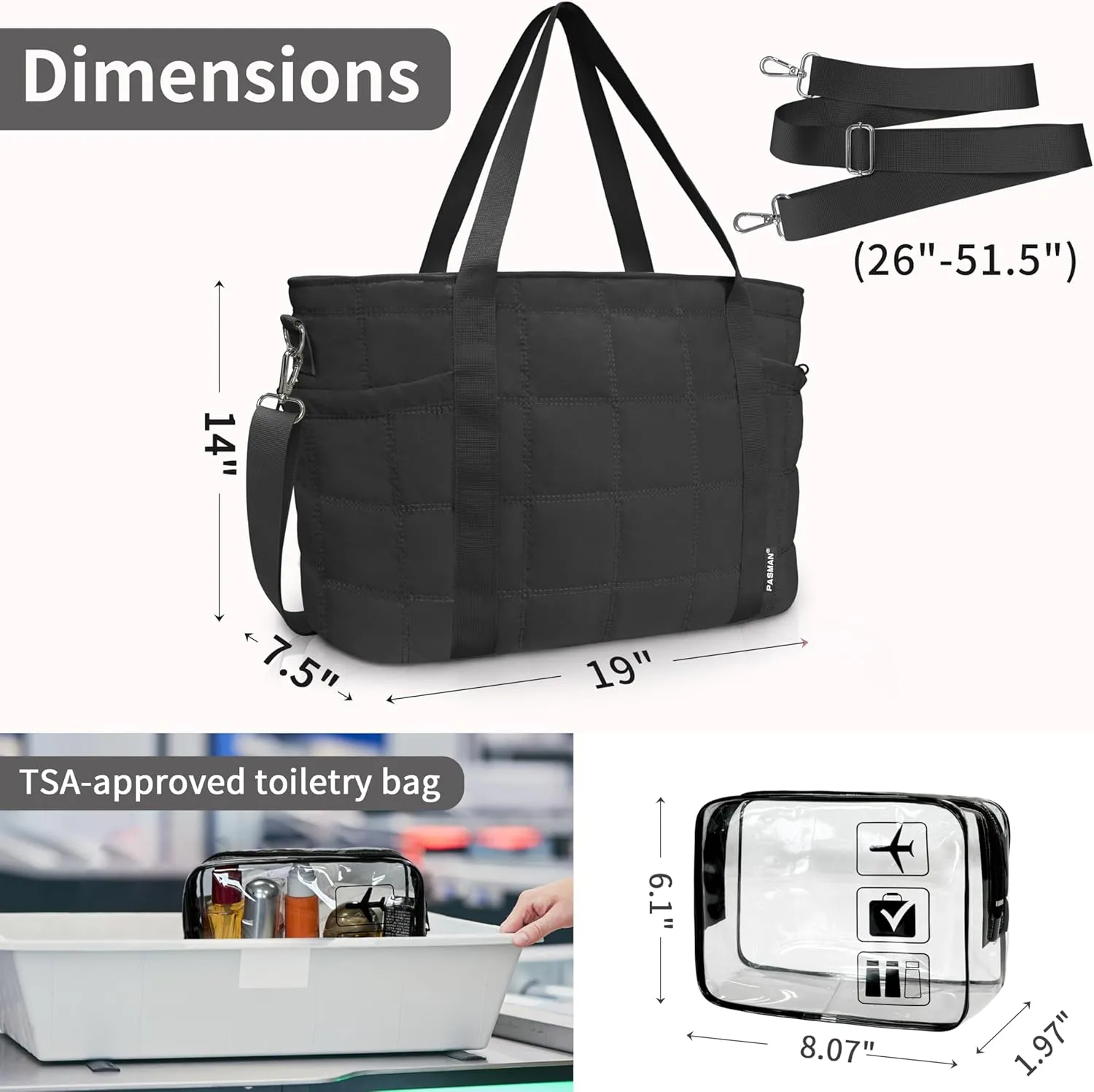 Tote Bag for Women, Puffy Bag with Zipper, Quilted Shoulder Bag with Compartments for Travel and Gym