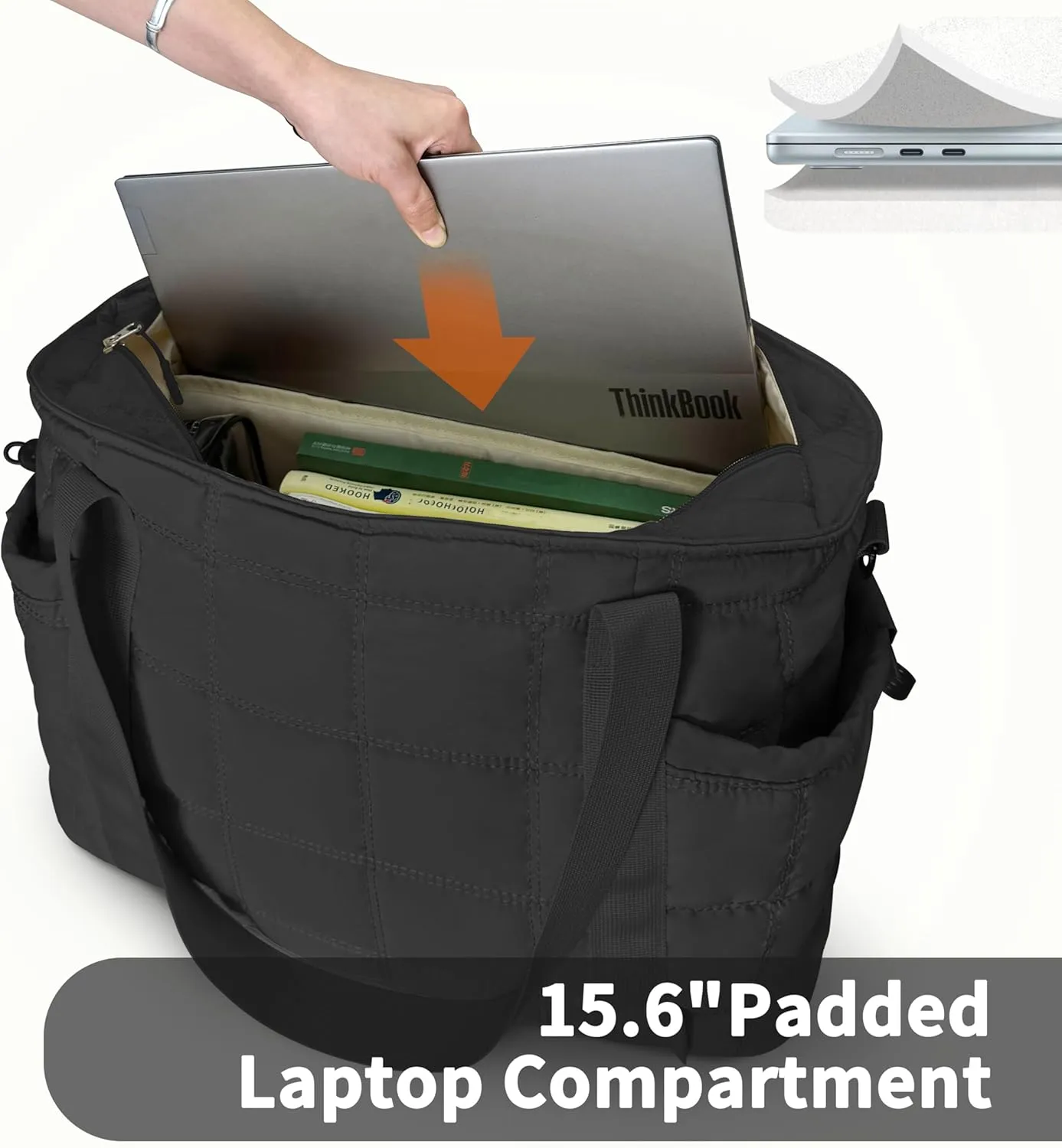 Tote Bag for Women, Puffy Bag with Zipper, Quilted Shoulder Bag with Compartments for Travel and Gym