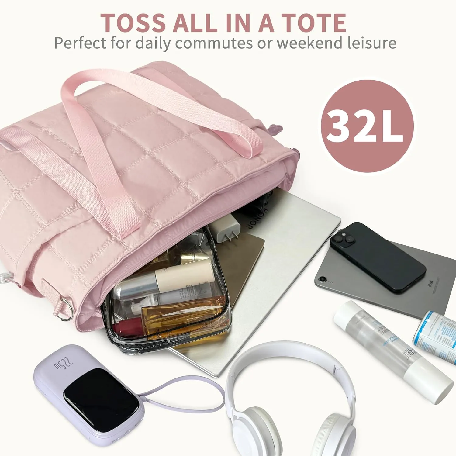Tote Bag for Women, Puffy Bag with Zipper, Quilted Shoulder Bag with Compartments for Travel and Gym