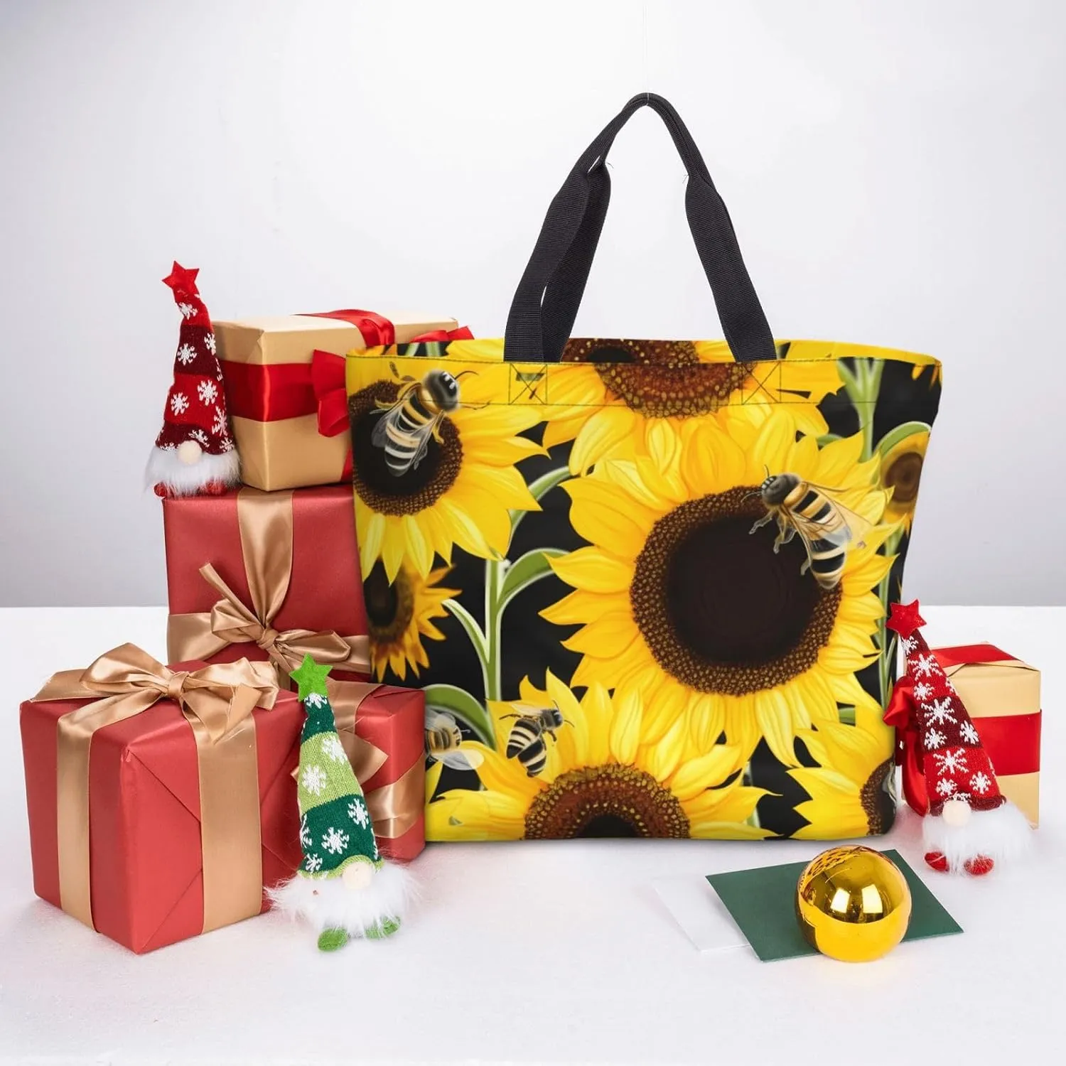Tote Bag for Women Sunflower Bees Shoulder Bag with Zipper Handbag Large Capacity Reusable Grocery Bag