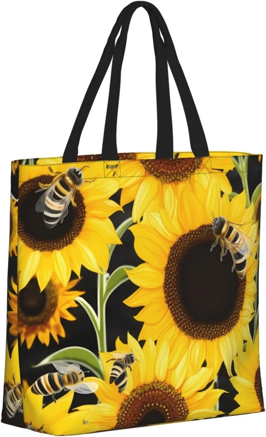Tote Bag for Women Sunflower Bees Shoulder Bag with Zipper Handbag Large Capacity Reusable Grocery Bag