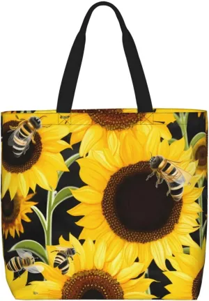 Tote Bag for Women Sunflower Bees Shoulder Bag with Zipper Handbag Large Capacity Reusable Grocery Bag