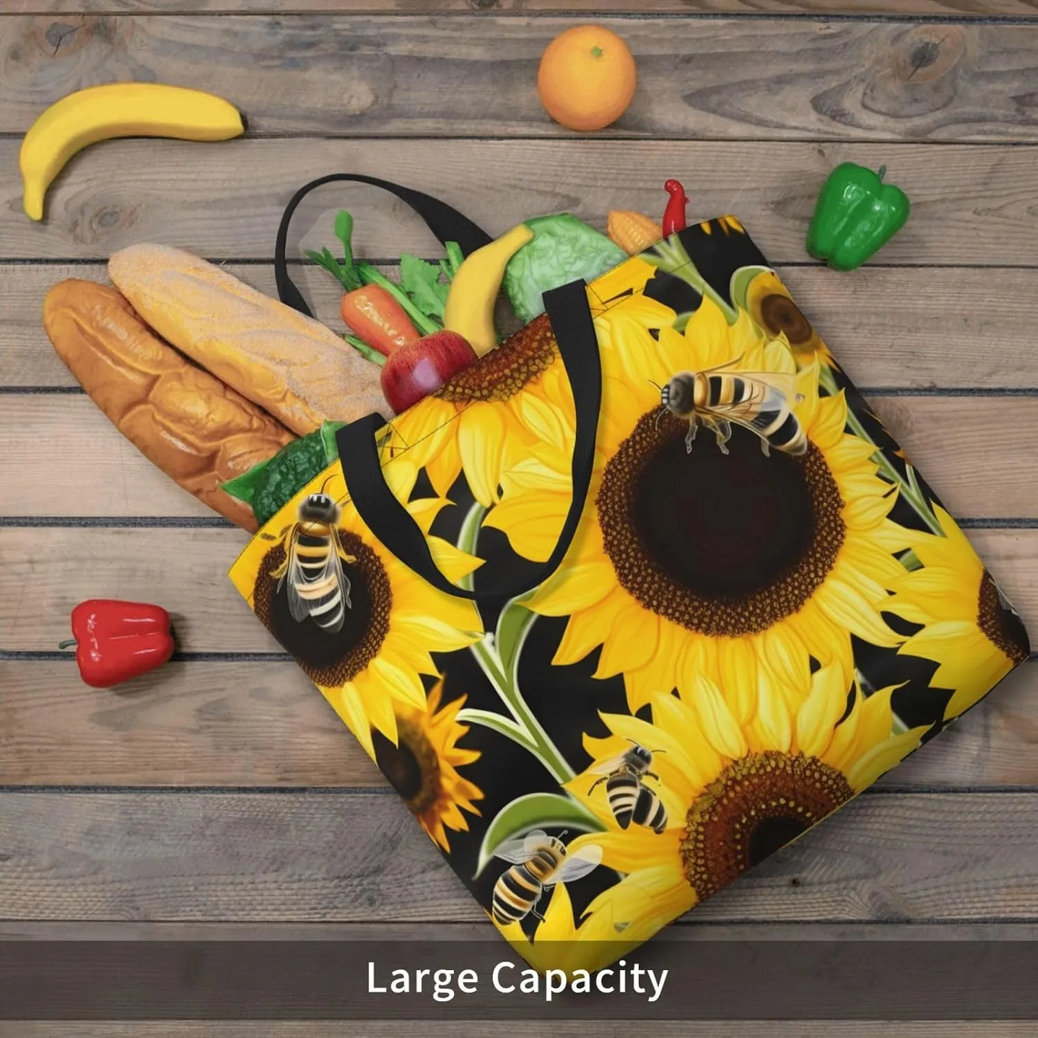 Tote Bag for Women Sunflower Bees Shoulder Bag with Zipper Handbag Large Capacity Reusable Grocery Bag