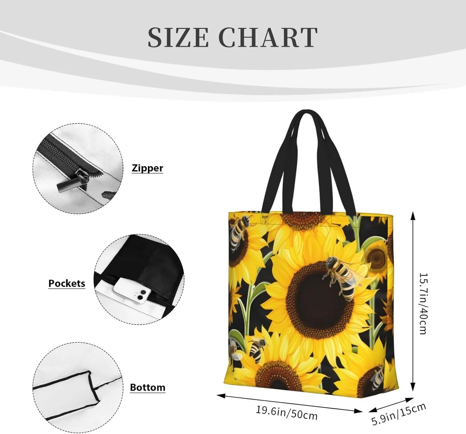 Tote Bag for Women Sunflower Bees Shoulder Bag with Zipper Handbag Large Capacity Reusable Grocery Bag