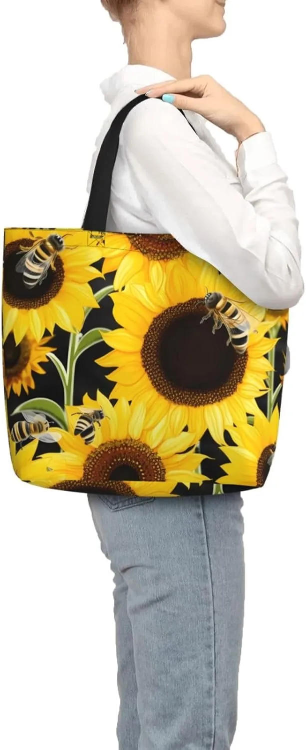 Tote Bag for Women Sunflower Bees Shoulder Bag with Zipper Handbag Large Capacity Reusable Grocery Bag