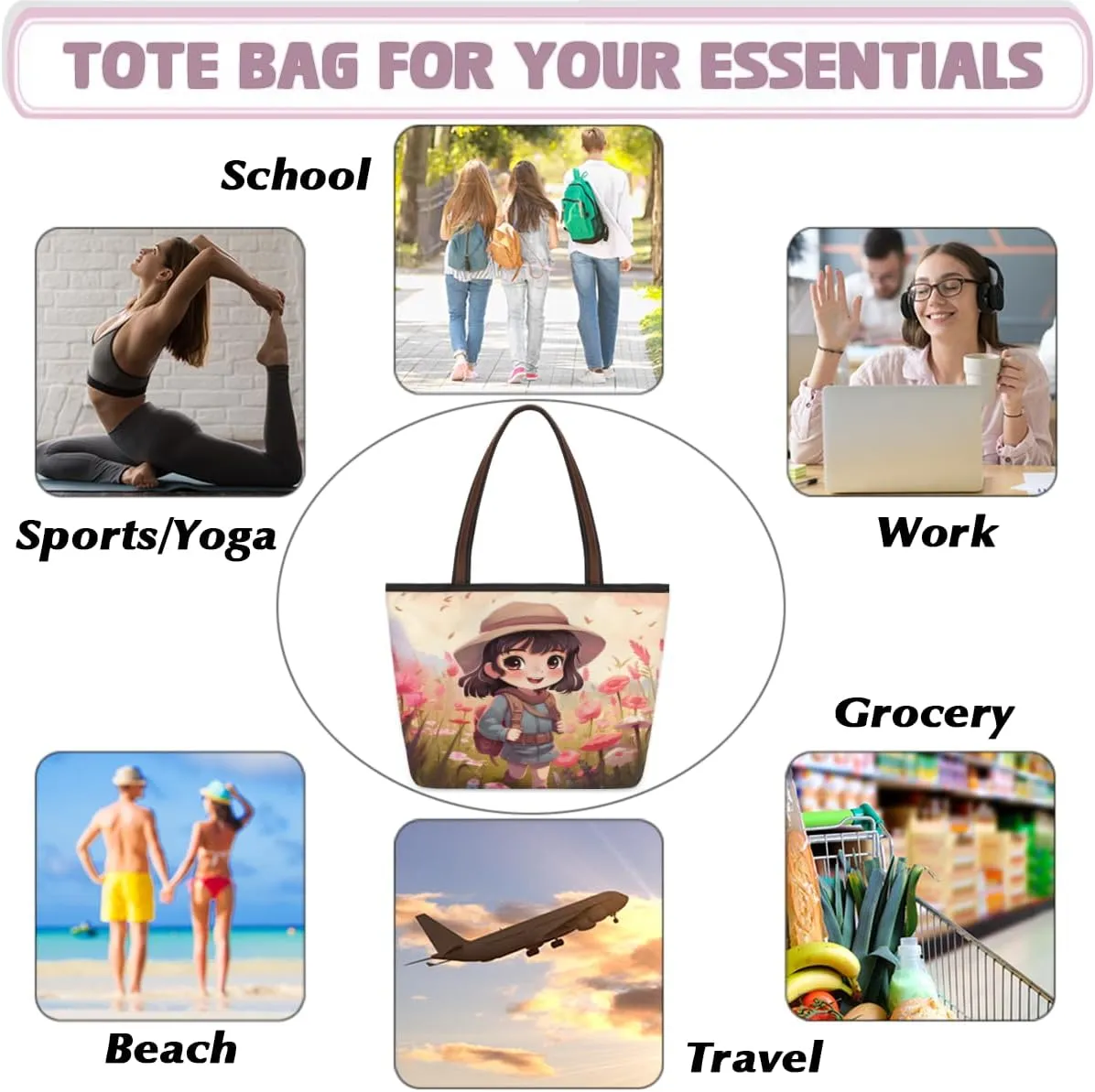 Tote Bag for Women with Zipper Large Capacity Top Handle Casual Shoulder Bag Handbag Reusable Shopping